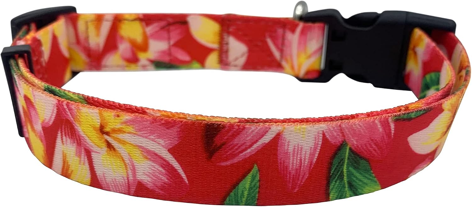 Shaka's Salty Paws Soft Dog Collar and Dog Leash Matching Set Cute Floral Collar for Girl Dogs Pink Hawaiian Print Collar Leash Combo for Small Dogs Puppies up to 25 lbs Premium Flexible Strong Secure