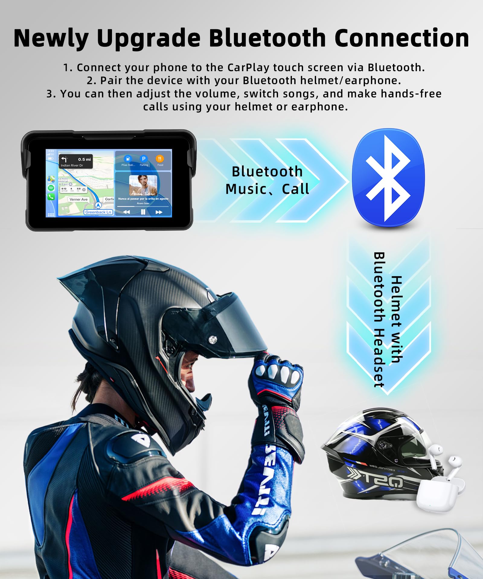 VECHTEL Kabelloser CarPlay Bildschirm 5 Zoll für Motorrad-Tragbares CarPlay & Android Auto,Wasserdichter Touchscreen mit Dual-Bluetooth,NAV/Siri Assistant/12V,Unterstützt Reifendruckkontrolle