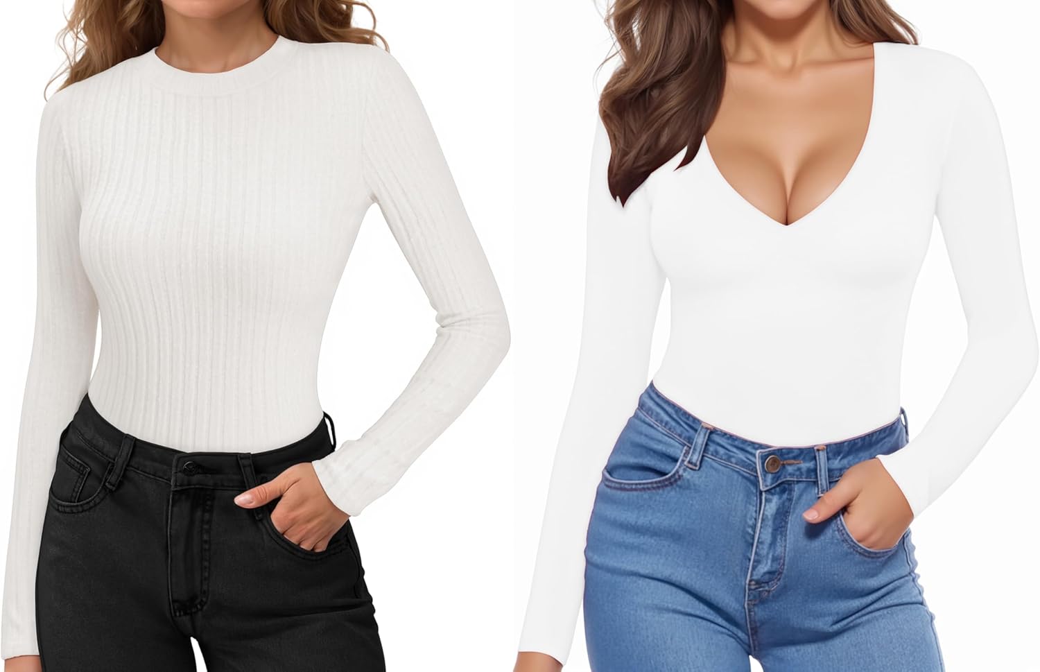 MANGOPOP Long Sleeve Deep V Neck Thermal Crew Neck Ribbed Tops