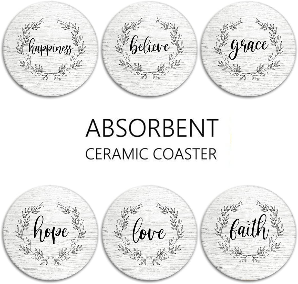 Britimes Coaster for Drinks Set of 6, White Wood Inspirational Love Wreath Absorbent Round Ceramic Stone Mat, with Cork Base and Metal Holder, Gift for Housewarming Room Bar Decor - Image 5