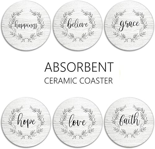 Miniatura 5 de Britimes Juego de 6 posavasos para bebidas, diseño de corona de amor inspiradora de madera blanca, tapete redondo absorbente de piedra de cerámica,