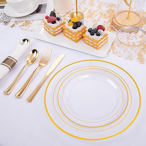 Miniatura 3 de WELLIFE 350 platos de plástico dorado transparente, 100 platos desechables, 150 cubiertos de plástico, 50 tazas, 50 servilletas para bodas y fiestas