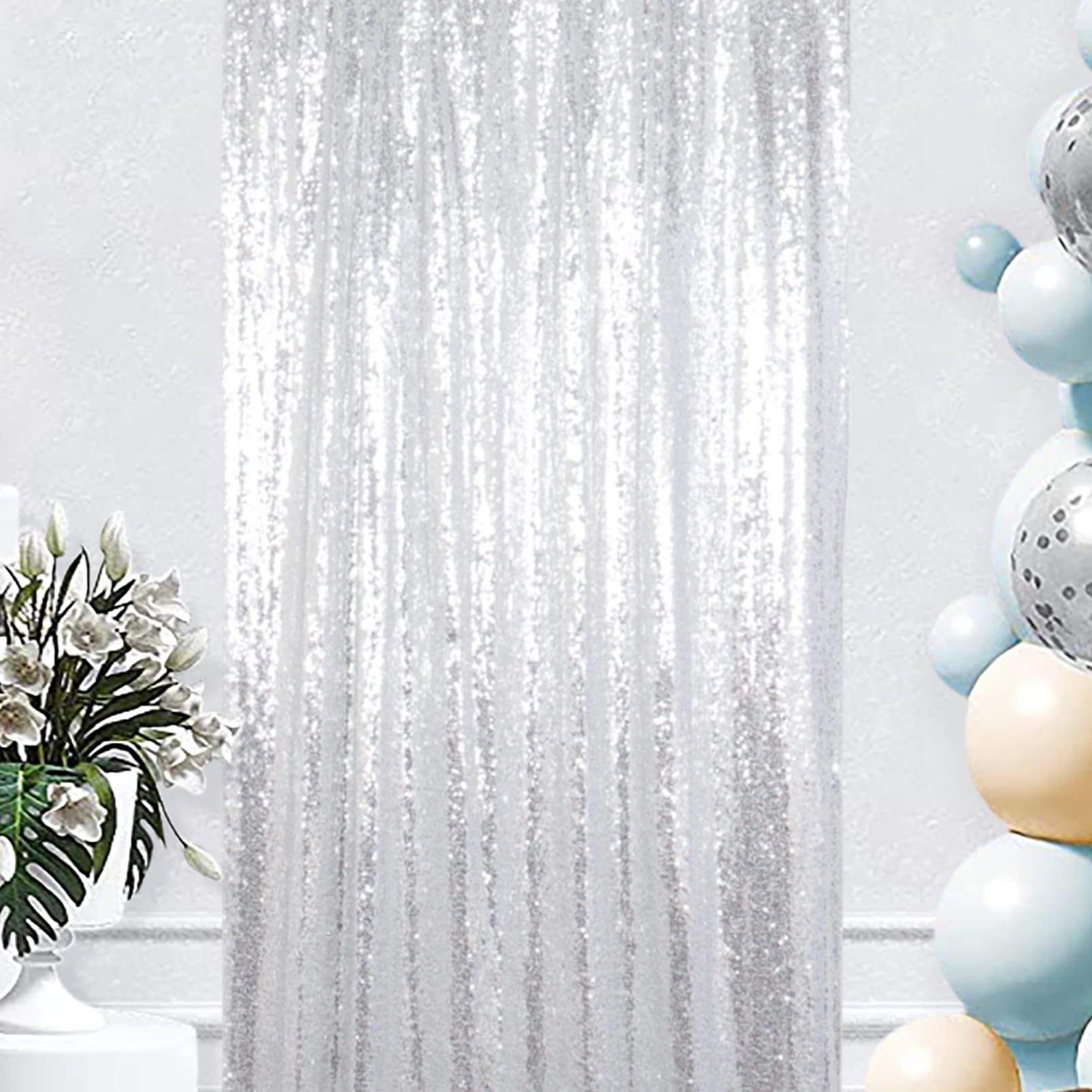 AMZLOKAE Silver Backdrop Curtains 1 Panel 2Ftx7Ft Photo Background Sequin Curtains Silver Shimmer Wall Backdrop Sparkle Backdrops for Graduations,