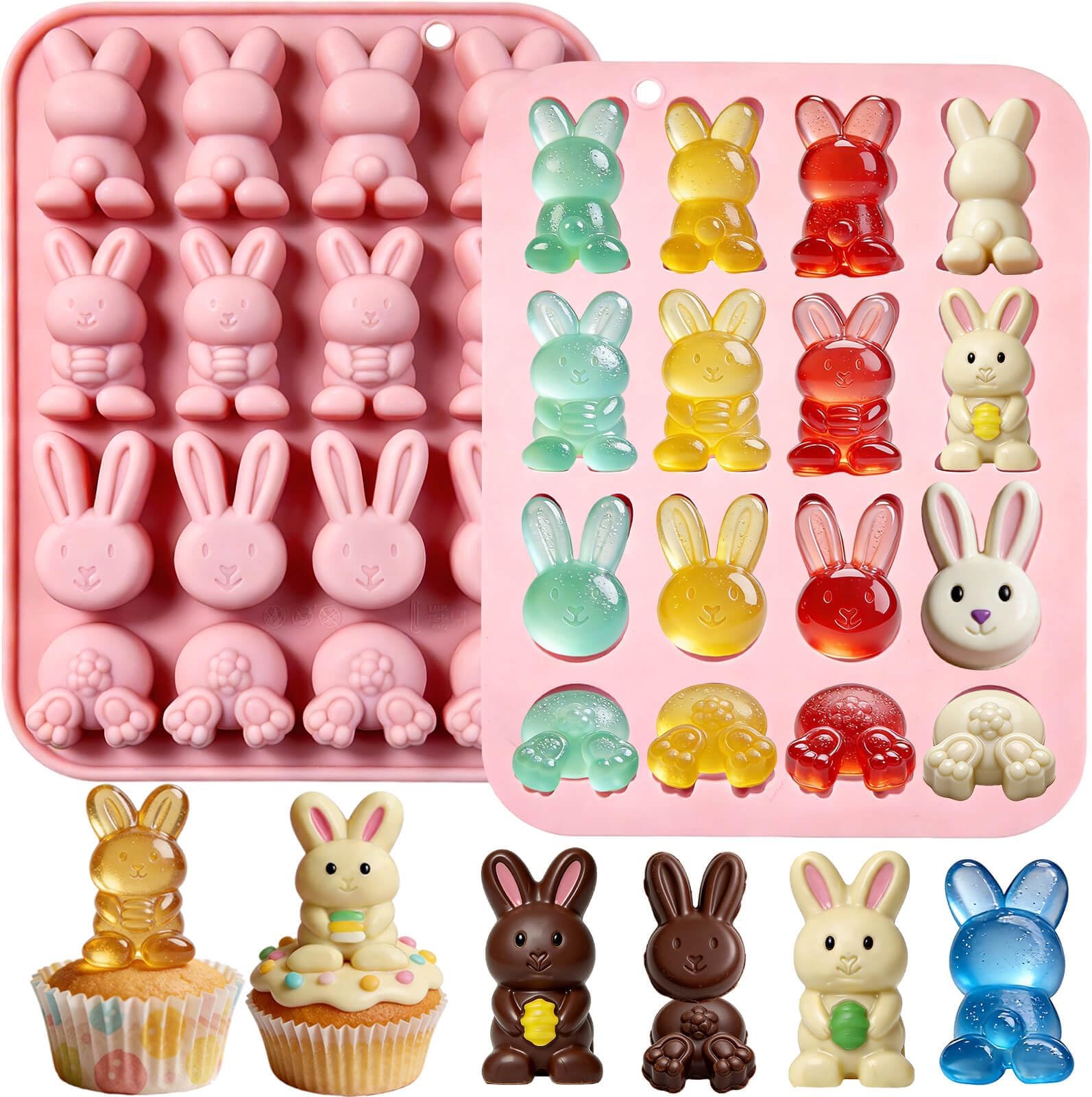 2 Pack Easter Bunny Silicone Chocolate Mold, 32 Cavities Easter Bunnies Candy Molds Rabbit Gummy Moulds Bunny Ice Cube Tray for Easter Chocolate Jello Baking Bombs Gummy Candle Soap Cupcake Topper