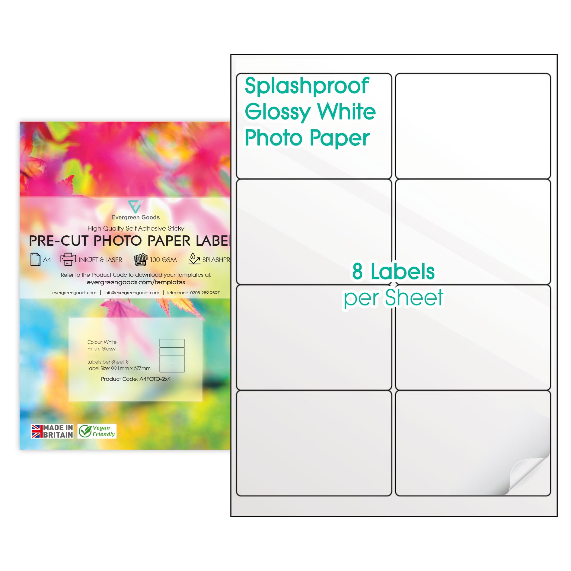 Precut Labels Stickers A4 Sheet (2x4 (8 per Sheet), 500 Sheets) | Glossy White Photo Sticker Paper A4 Labels Splashproof | 9 Label Size Variations | Inkjet & Laser Printable