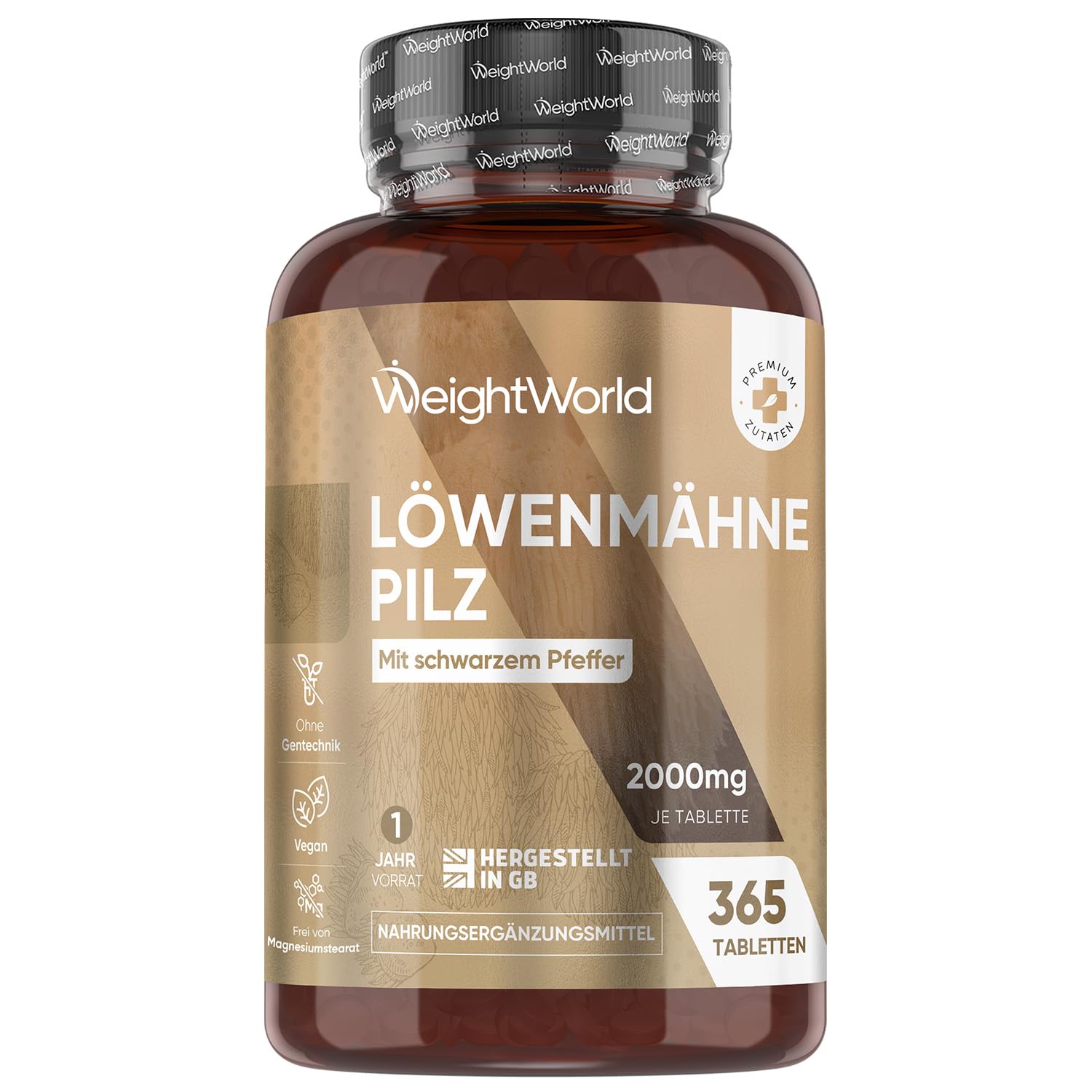 Löwenmähne Pilz 365 Tabletten - 2000mg je Tablette - 50% Polyphenol - Lions Mane Mushroom (Hericium Erinaceus) - 25:1 Extrakt mit Schwarzer Pfeffer 30mg - 1 Jahr Vorrat - WeightWorld