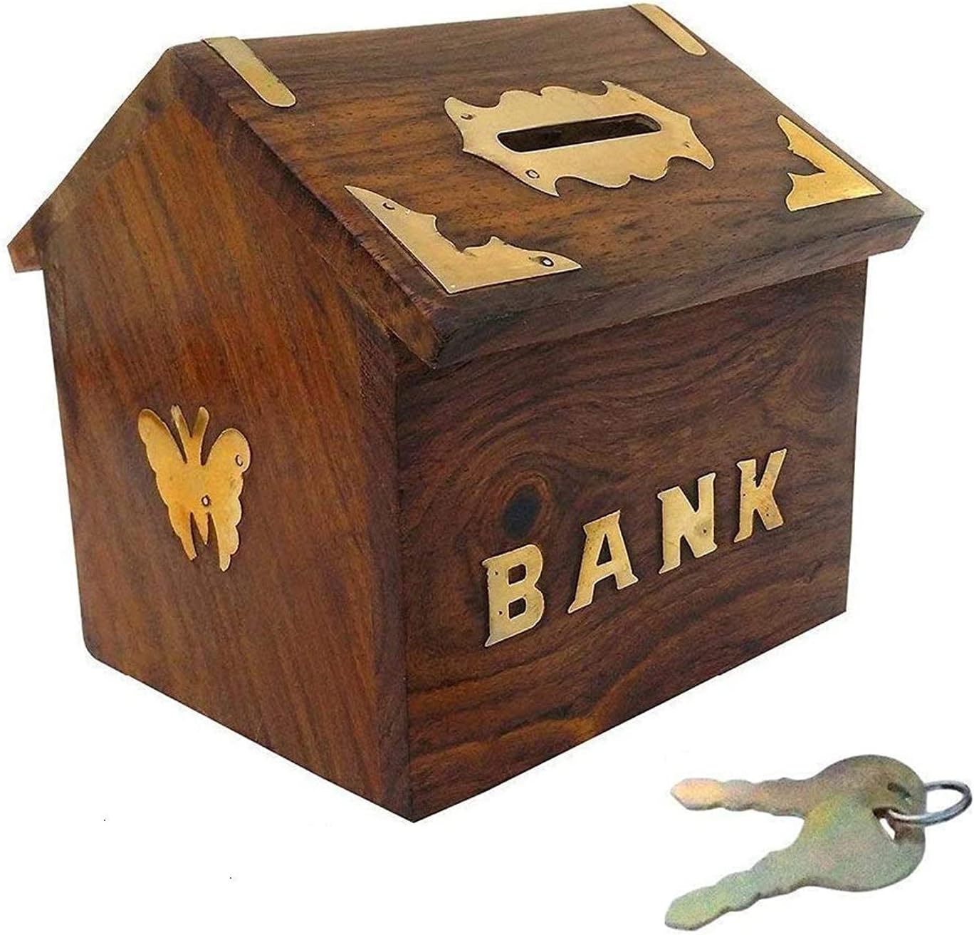 Wood Handicrafts Hut Shape Wooden Money Box with Lock Piggy Bank Coin Box Children Gifts, Brown