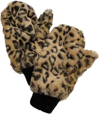Womens Fuzzy Plush Brown & Black Leopard Print Faux Fur Mittens Cheetah