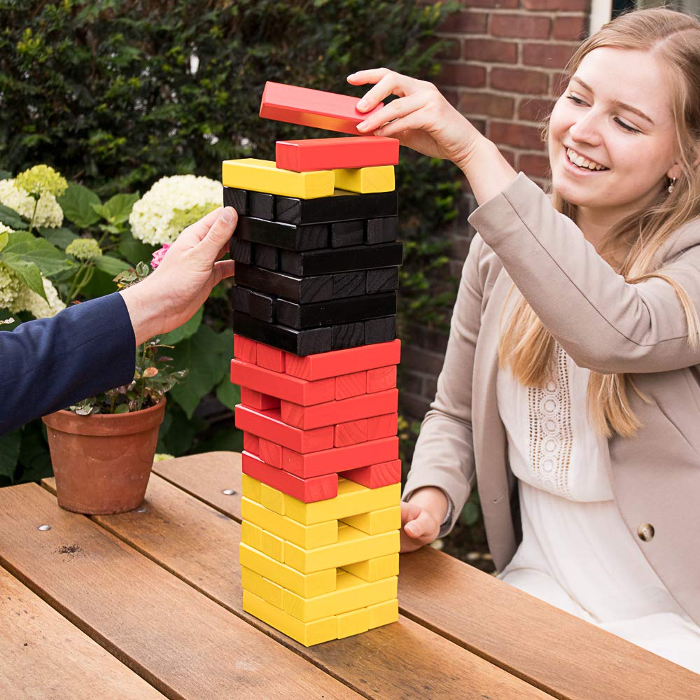 Wackelturm Mega XXL in 3 Farben - bis 80 cm hoch - in Einer Luxus Tragetasche - 2 bis 6 Spieler - Gelb Schwarz Rot - Reißverschluss - Outdoor Indoor Stapelturm Holz