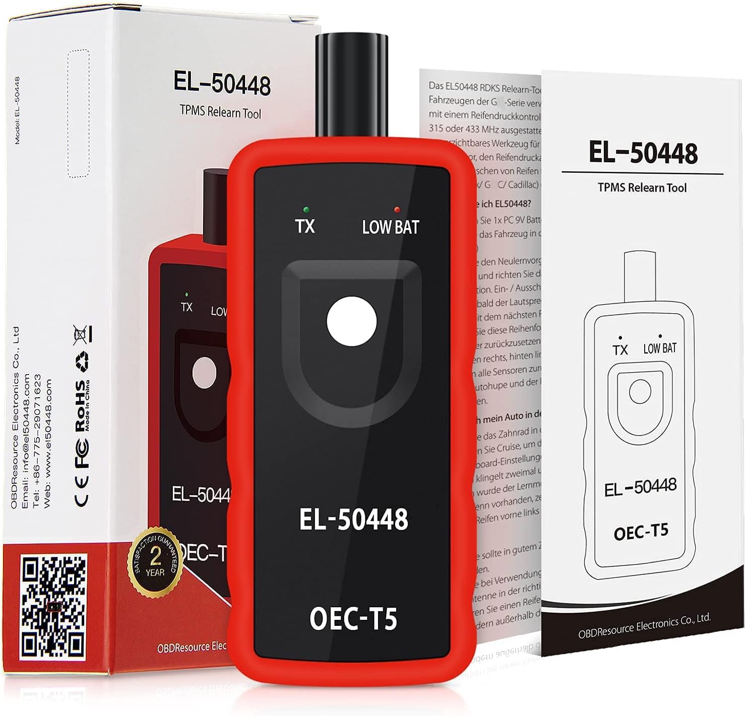 JDIAG EL-50448 TPMS Relearn Tool packaging showing 2-year warranty and webwebsted