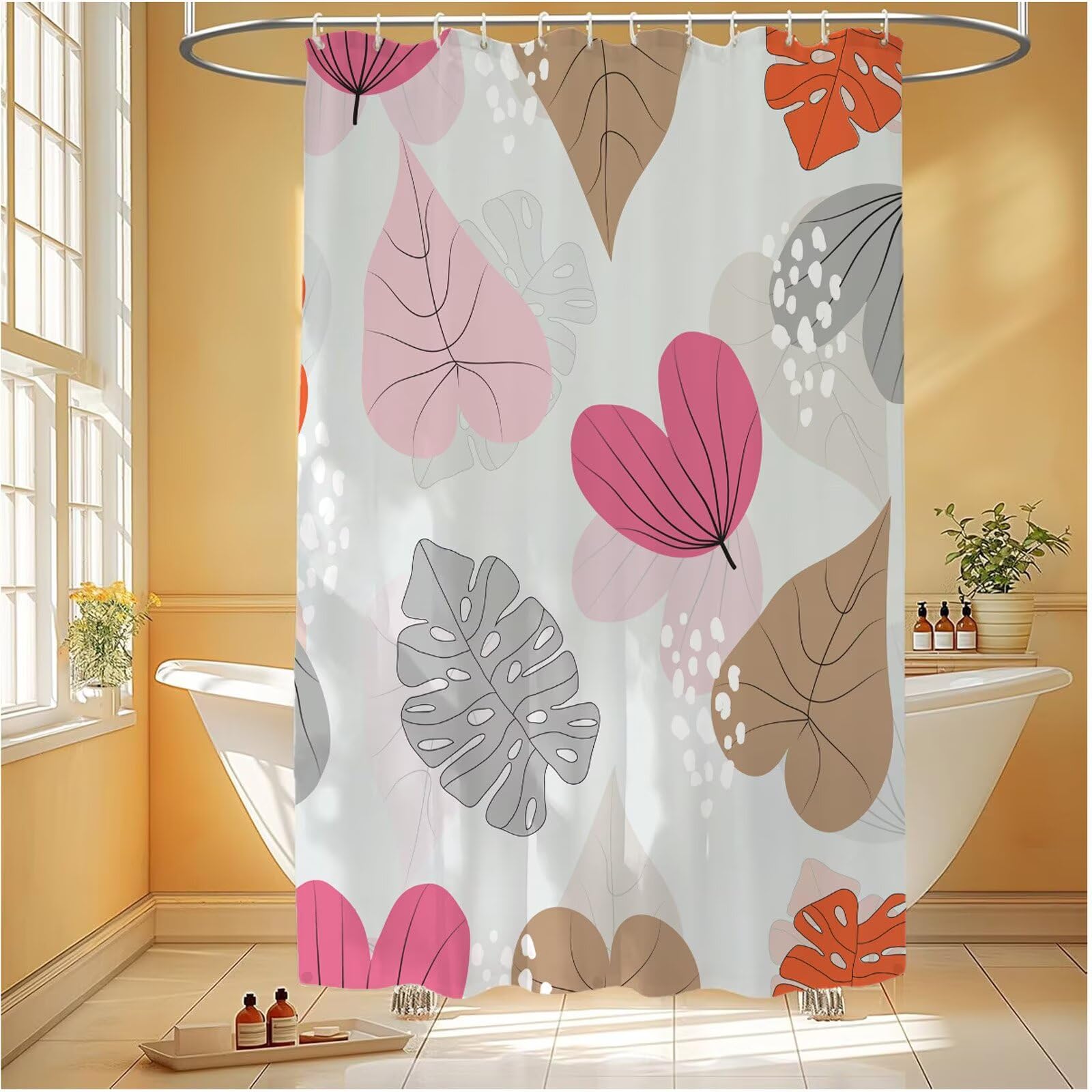 Duschvorhang 240x180 cm Grau Shower Curtains Blatt mit Gewicht und 12 Plastik Haken, Anti Schimmel Wasserdicht, Waschbar Schnelltrocknender Polyester Stoff, Dekorative Vorhang für Bad Badewanne 6H-285