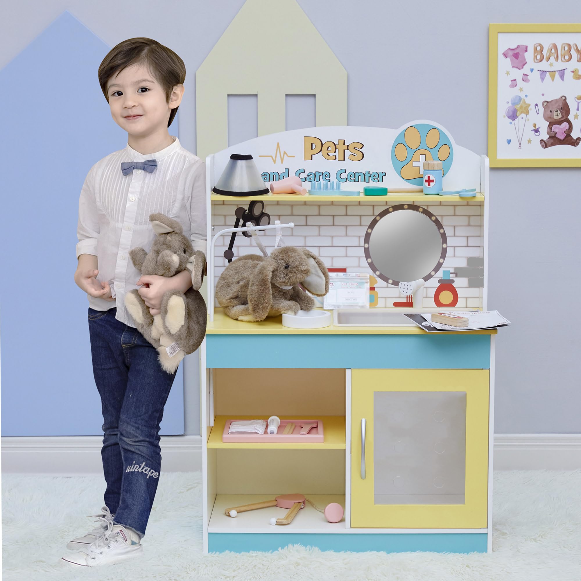 Teamson Kids Little Helper Supporto per Giochi in Legno per Animazioni di compagnie Faire Semblant de Jouer � la Clinica veterinaria Ensemble di Giochi per Chat e Chien con 19 Accessori per Giochi di