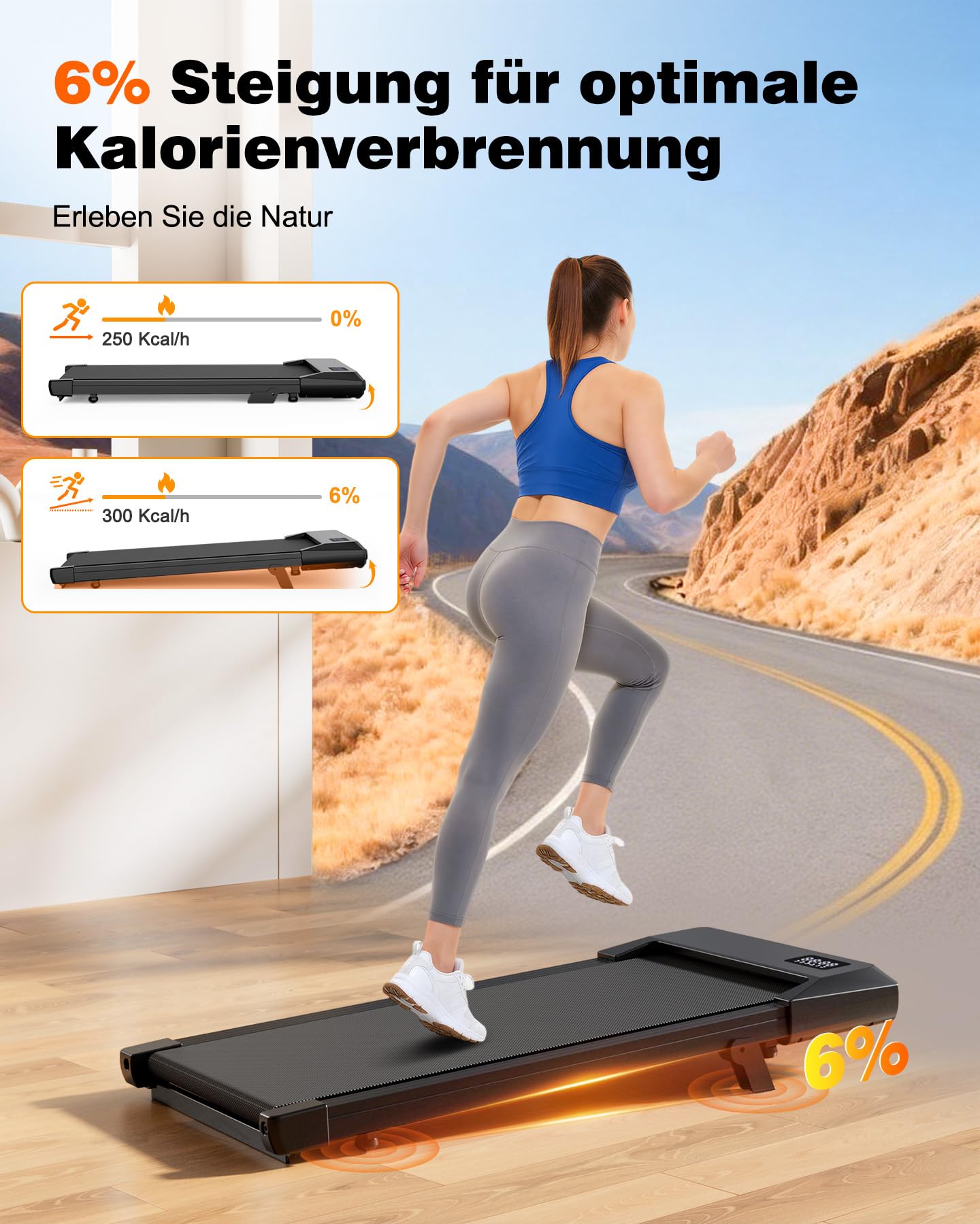 Superun Walking Pad mit Steigung, APP KI-Trainer, leises Büro Laufgerät | Lauffläche 38×100cm, passend für Stehschreibtisch, 6% Steigung, bis 136kg, <55dB leise, App mit KI-Trainer, mobil