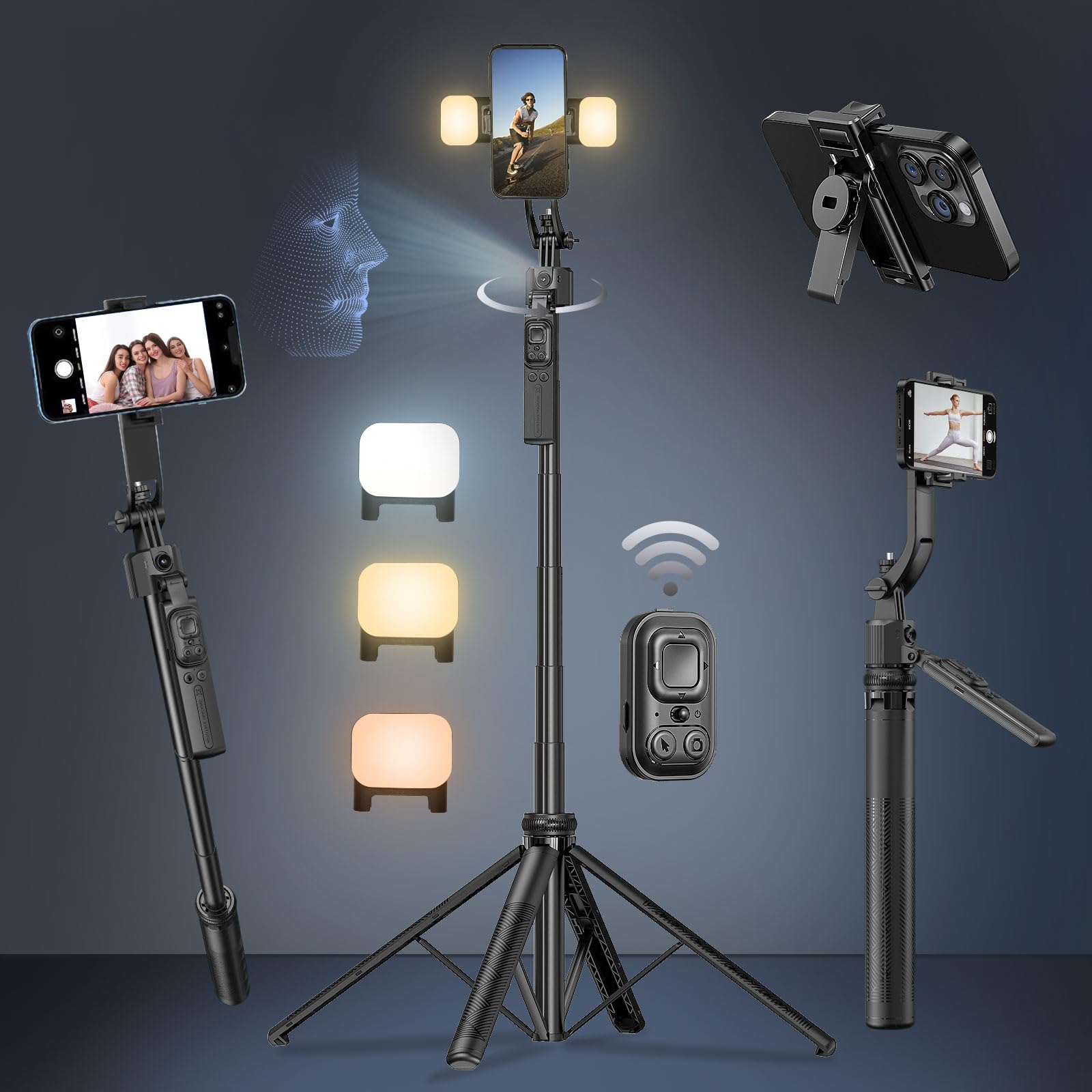 Auto Face Tracking Selfie Stick Tripod for iPhone with Light 360 Rotation 63 Phone Camera Tripod Stand Follows