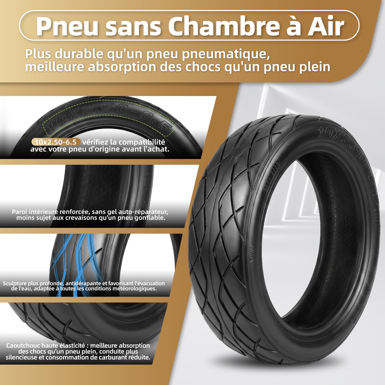Lot de 2 pneus de scooter sans chambre à air 10 x 2,50-6,5 E - Pour scooter électrique ODYS Neo E100 - 10" - Pneu de rechange sans chambre à air - Avant et arrière - Avec valve (CHAOYANG-2