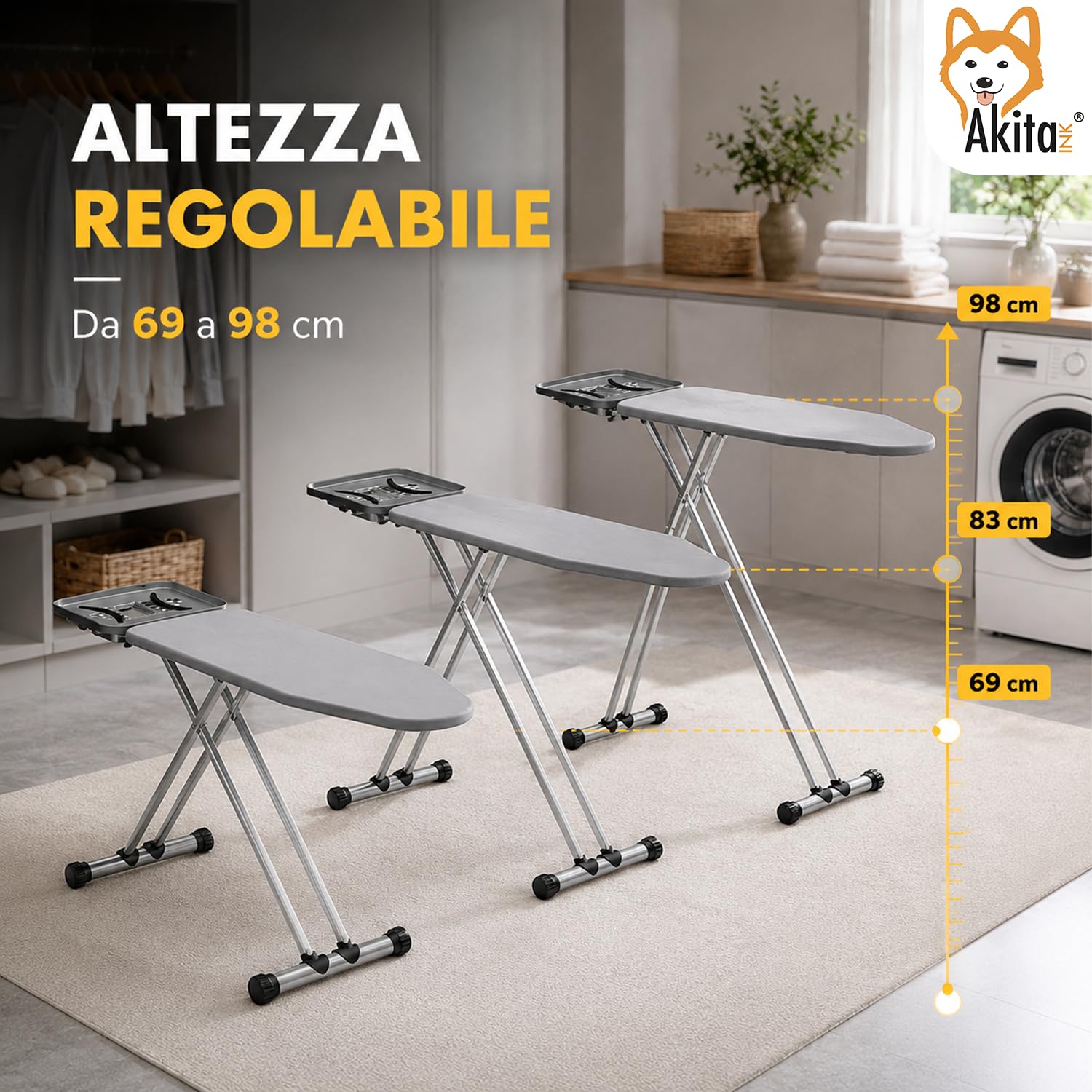 AkitaInk Asse da Stiro con Presa Integrata 125x43 cm, Tavolo da Stiro Pieghevole in Acciaio con Altezza Regolabile, Poggiaferro e Piedini Antiscivolo