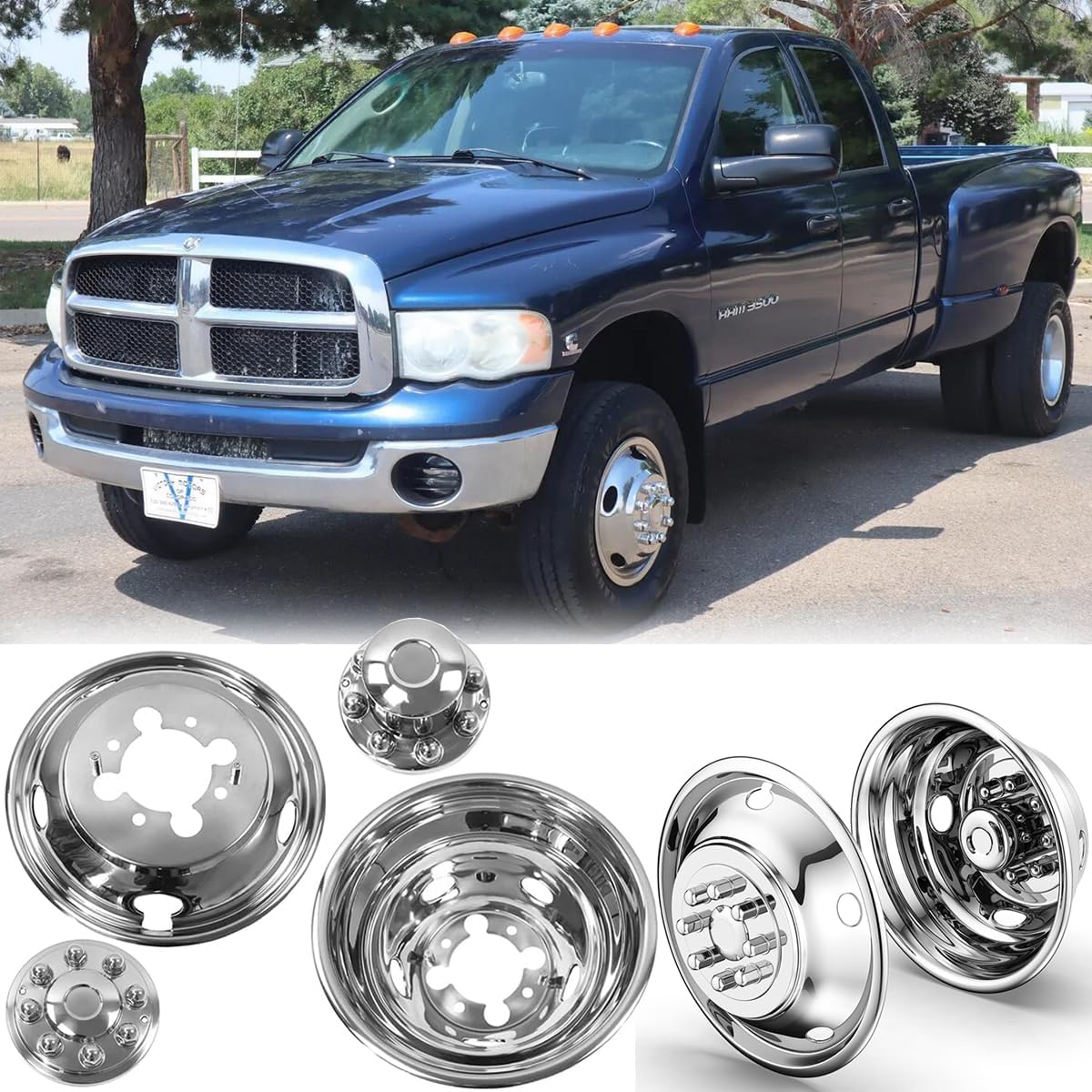 17" Polished Stainless Steel Dually Wheel Simulator fit for 2003-2018 Dodge Ram3500,4pcs Durable and Nice Looking Hubcaps,8 Lug 5 Hand Hole Wheel Cover 708D