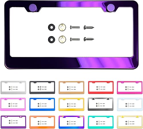 Marco de matrícula con espejo cromado morado T304 de acero inoxidable + tapas de rosca de metal