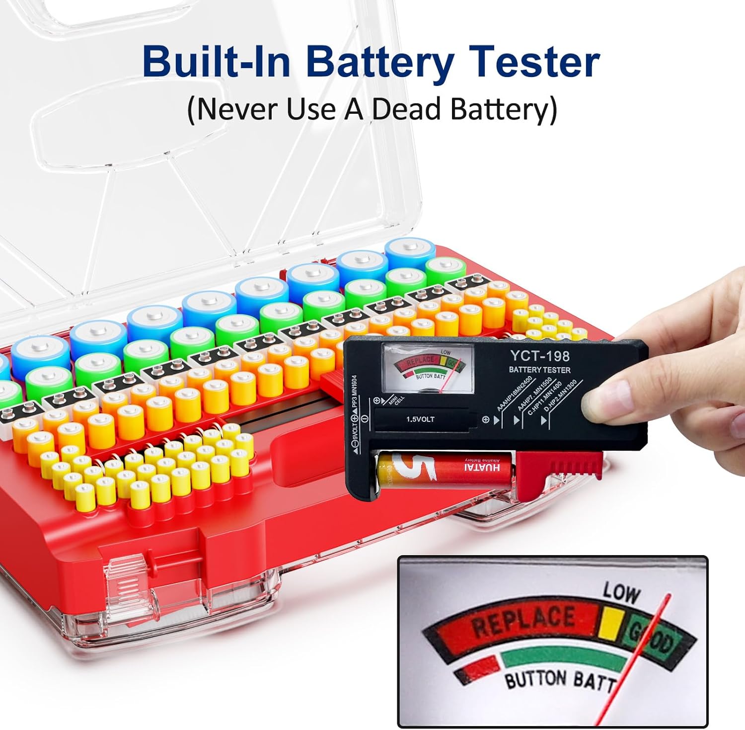 Battery Organizer Storage Case,Battery Holder Organizer Box with Tester (RED01)