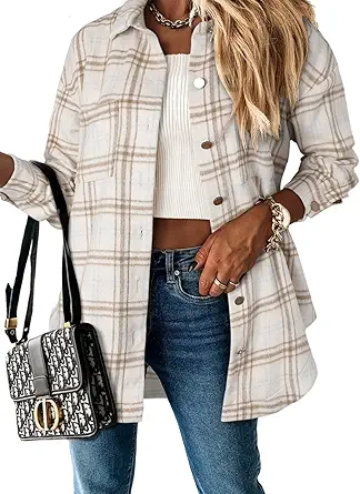 SHEWIN Womens Long Sleeve Plaid Shirts Flannel Lapel Button Down Shacket Jacket Coats