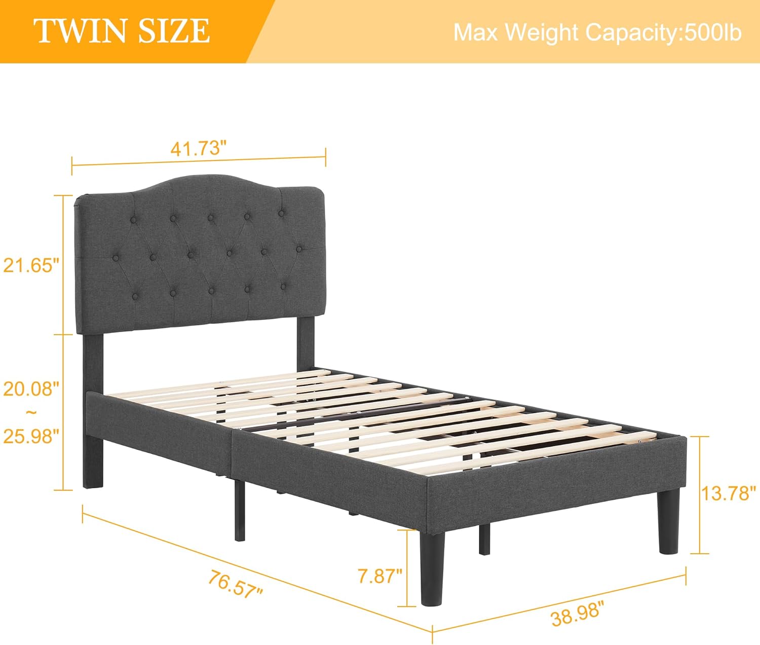 Diagram showing dimensions of the VECELO Twin Size Platform Bed Frame