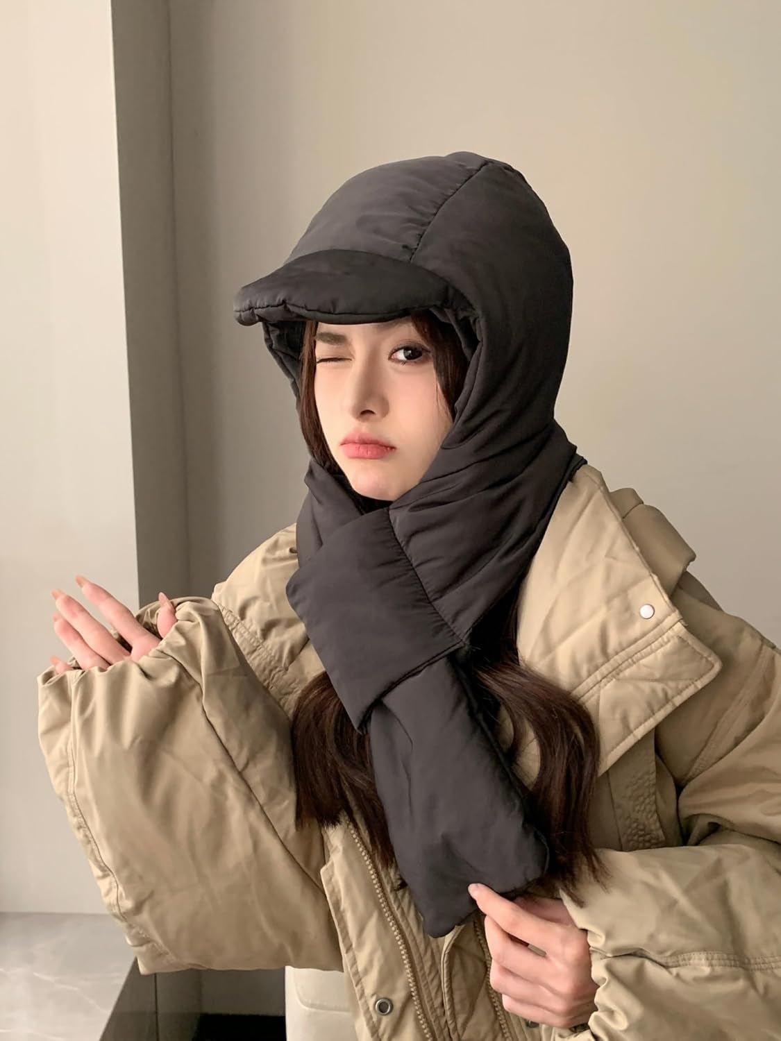 2024 Winter Down Cotton Hat Set - Windproof Hooded Scarf, Soft Warm Balaclava Beanie Cap for Men and Women (Grey, Light Gray, Black)