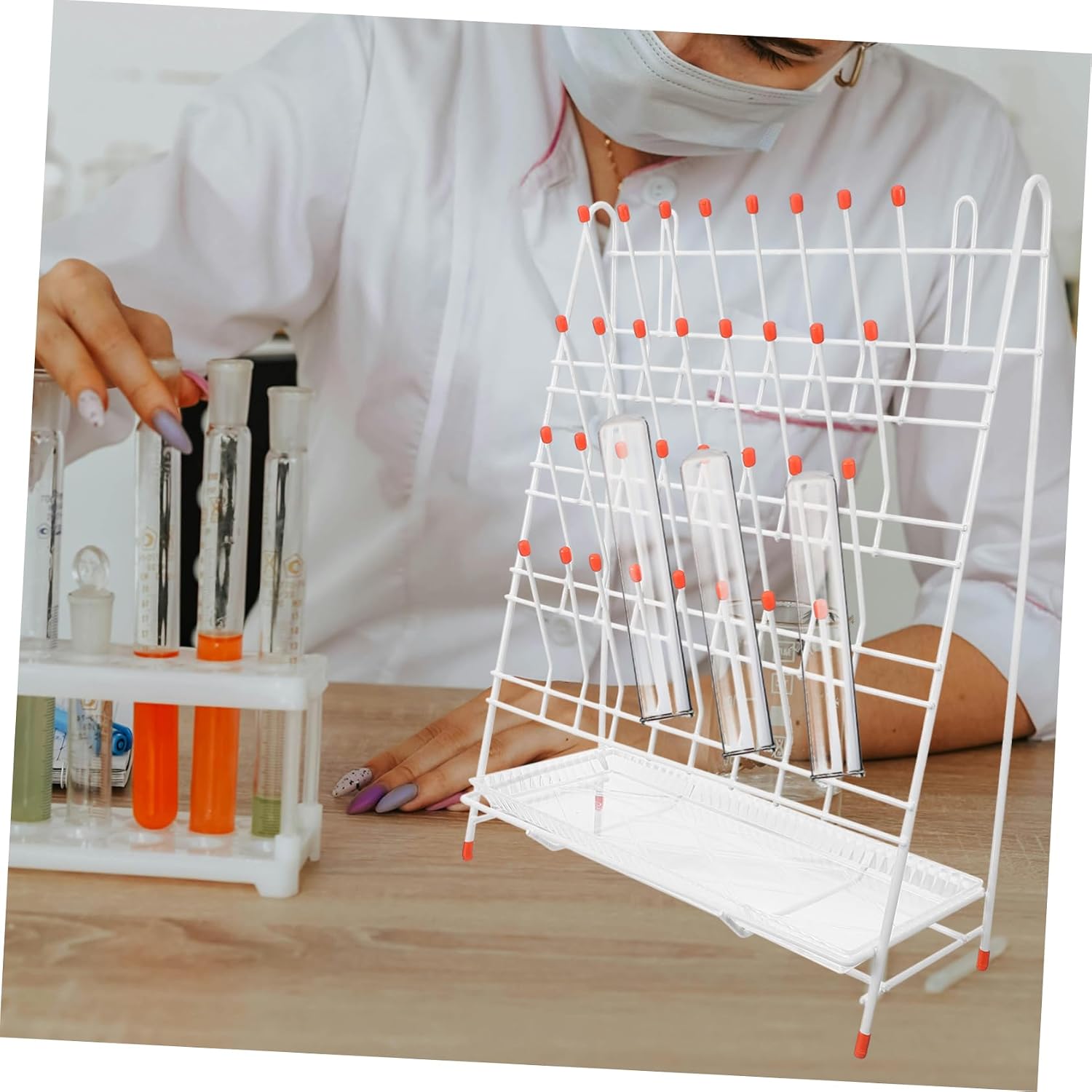 VOSAREA 32-Peg Laboratory Test Tube Drying Rack Metal Glassware Drying Holder Drainage Sturdy Laboratory Draining Rack for Beakers and Bottles
