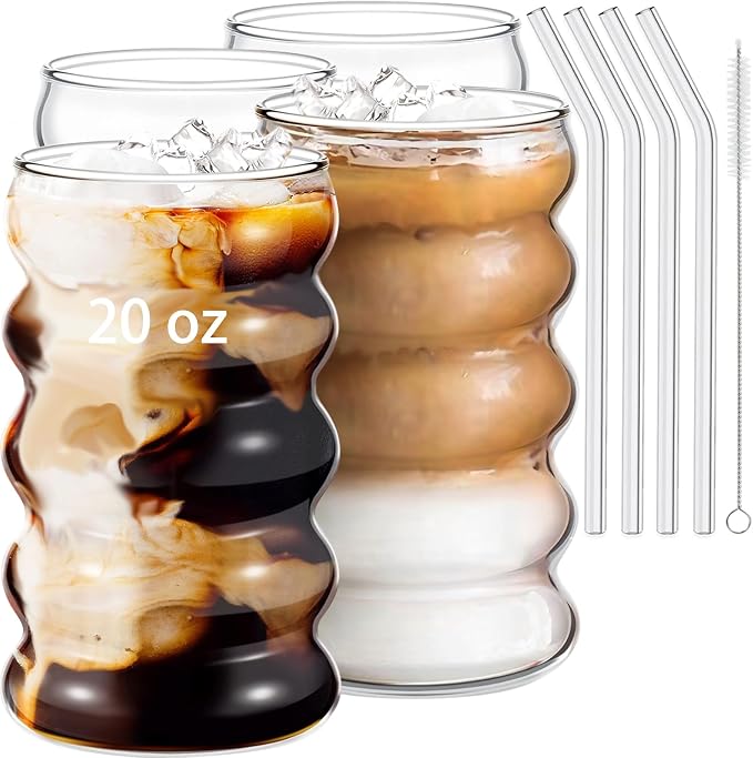 Ework4U 4 Pcs 20oz Drinking Glasses Set with Straws, Cute Iced Coffee Glass Cups, Iced Coffee Tumblers, Thick Drinking Jars for Smoothie, Boba Milk Tea, Ideal for Gift, with Straw Brush