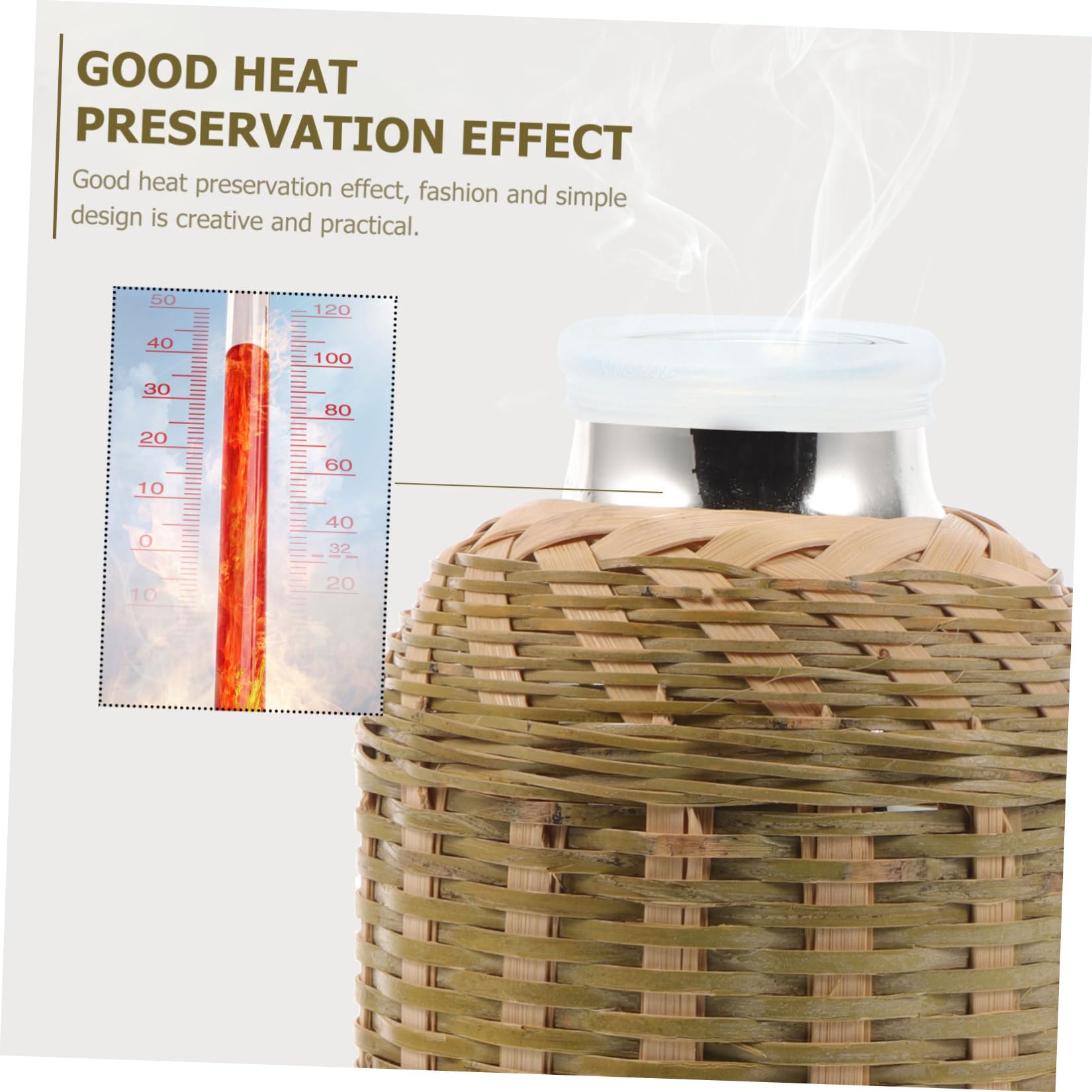 Borraccia Termica in Vetro Rivestimento in Bambù 1,3l, Stile Retrò, Pratica e Riutilizzabile, per Uso Interno ed Esterno, Conserva Calore