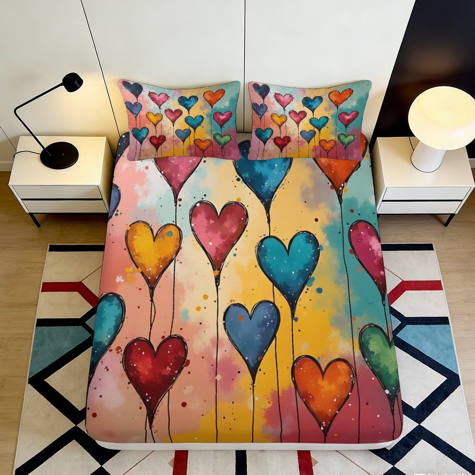 3D Printed Colorful Heart Balloon Fitted Sheet Microfiber Soft Anti-Slip for Bedroom Guest Room Mattress Cover 160x200x25cm
