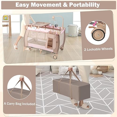 Miniatura 6 de HONEY JOY Pack and Play, corralito portátil 3 en 1 con moisés, cambiador, ruedas bloqueables, caja de música, centro de guardería plegable para cuna