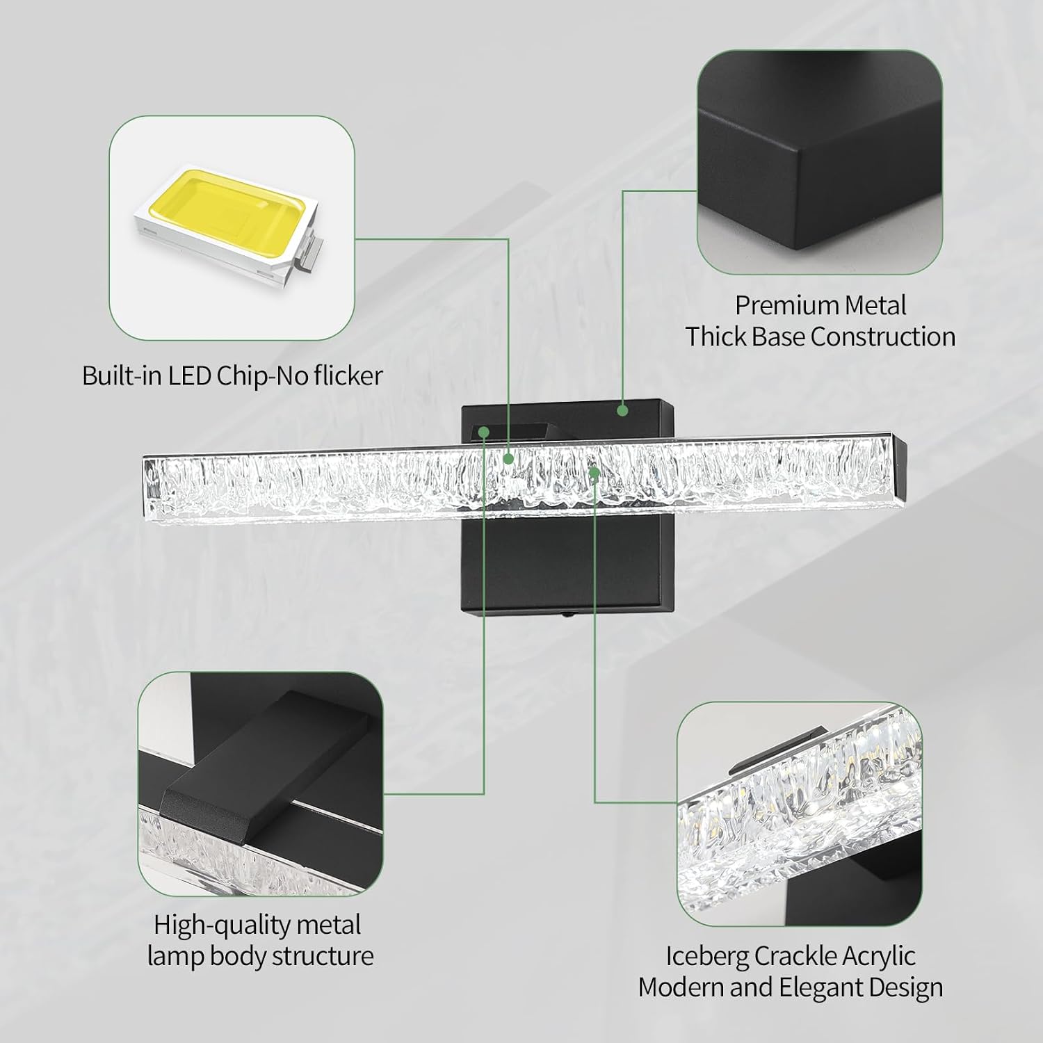 Modern LED Bathroom Vanity Light Fixtures, 16-Inch Black Wall Sconce with Iceberg Crackle Acrylic, Linear Bathroom Lighting Over Mirror Cabinet, Non-Dimmable 110V Wall Mount Lamp for Restroom image 3