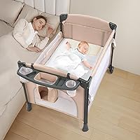 Vista 9 de JOYMOR Moisés doble para bebé, moisés de cabecera beige, convertible a moisés de cabecera y corralito, con ruedas, freno, moisés lateral plegable