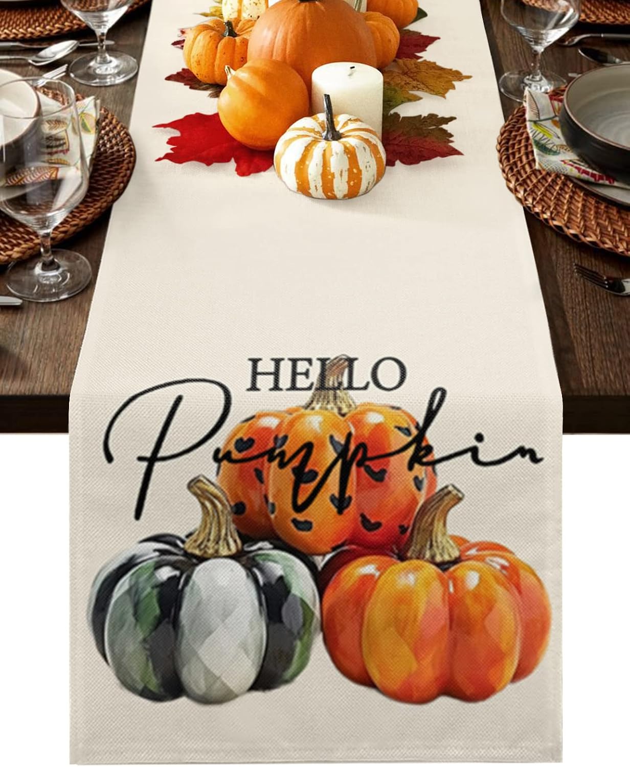 Table Runner 18x72 Inches Long Fall Thanksgiving Pumpkin with Orange Green Plaid Dining Table Runners Dresser Scarves Farmhouse Coffee Table Runner Kitchen Table Decoration for Holiday Party Wedding