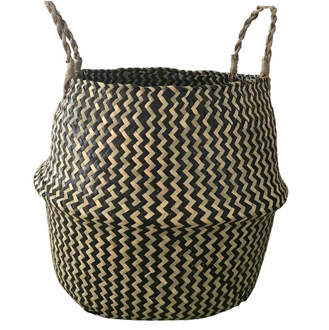 Bontannd Black Strips Hand Woven Seagrass Belly Basket With Handles Storage Plant Pot Laundry Picnic Grocery