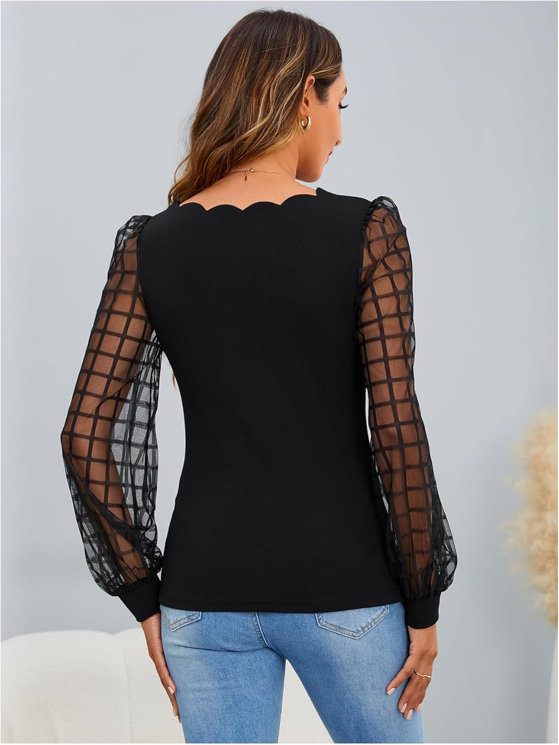 MakeMeChic Women's Sheer Mesh Puff Long Sleeve Shirts Going Out Tops Dressy Casual Work Blouse - Image 2