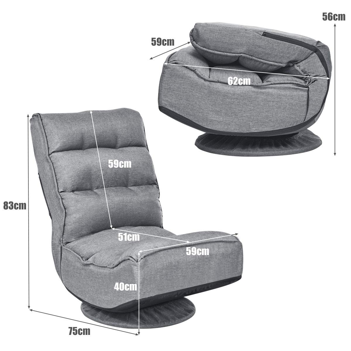 LIFEZEAL Chaise de Sol Pivotante à 360°Réglable en 5 Positions, Fauteuil Sol avec Dossier Réglable, Chaise de Méditation en Mousse, Design Pliable, Charge Maximale 150 kg (Gris)