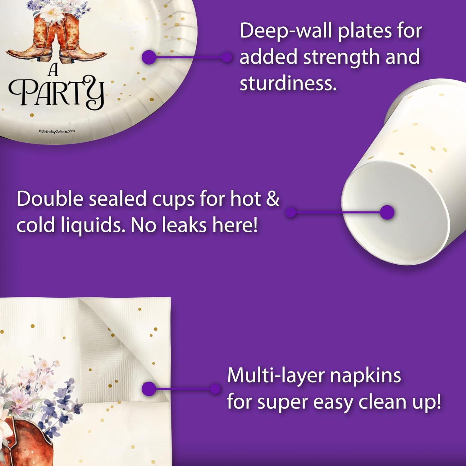Birthday Galore Boot and Bubbly Bridal Shower Party Supplies - 64 Piece Bridal Shower Tableware Set Includes Large 9" Dinner Plates and 8" Dessert Paper Plates Napkins Cups - Kit for 16