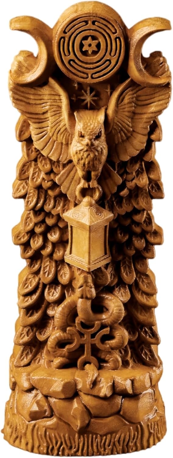 Wooden Hecate Owl Carving, Wisdom Goddess Key for Pagan Altar, 3.5×1.5×8.5 in (Wood)