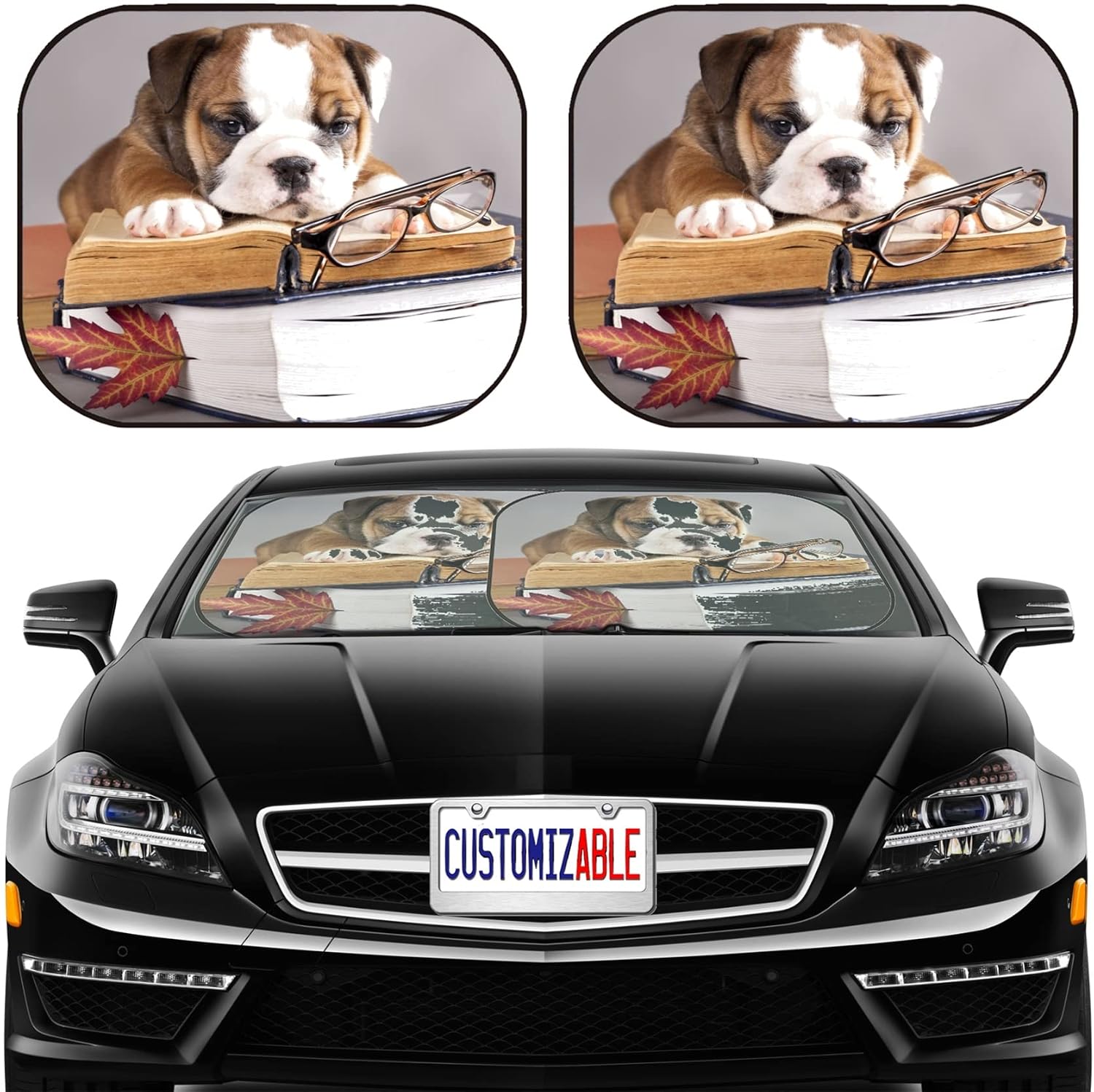 MSD Car Sun Shade Windshield Sunshade Universal Fit 2 Pack, Block Sun Glare, UV and Heat, Protect Car Interior, Image ID: 12803645 English Bulldog and Book and Glasses