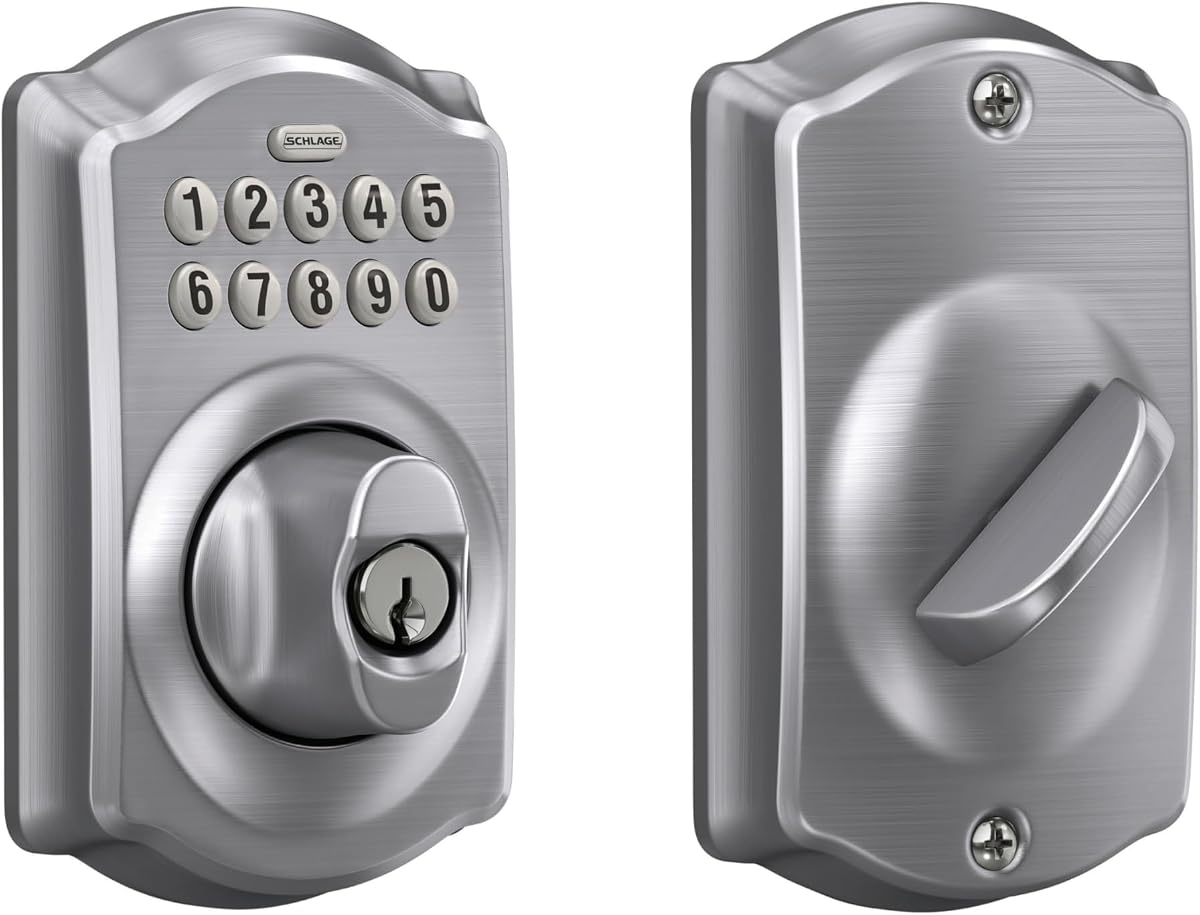 Cerradura electrónica con cerrojo con teclado Schlage, acabado Plymouth, cromo satinado | Cerradura de puerta de entrada sin llave, Cerrojo con teclado pulsador, Copia de seguridad de llave incluida, Seguridad certificada, Fácil instalación, BE365
