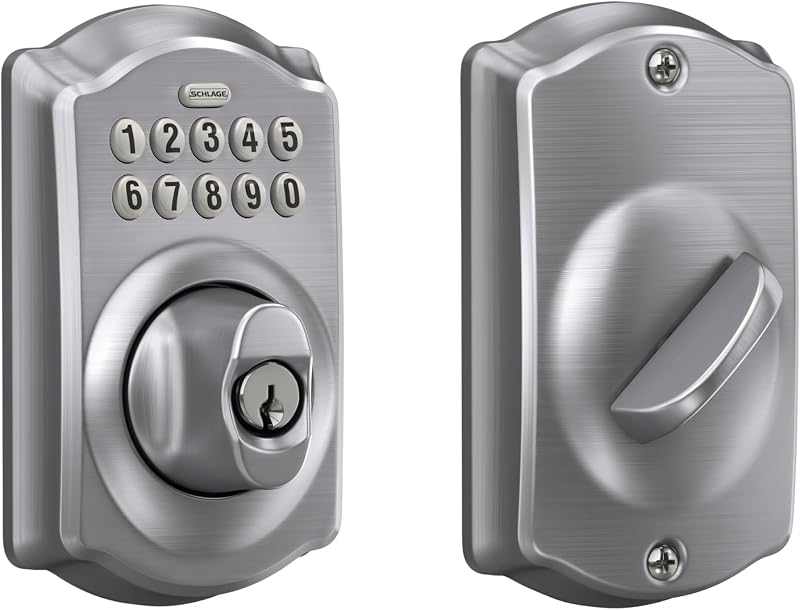 Cerradura electrónica con cerrojo con teclado Schlage, acabado Plymouth, cromo satinado | Cerradura de puerta de entrada sin llave, Cerrojo con teclado pulsador, Copia de seguridad de llave incluida, Seguridad certificada, Fácil instalación, BE365