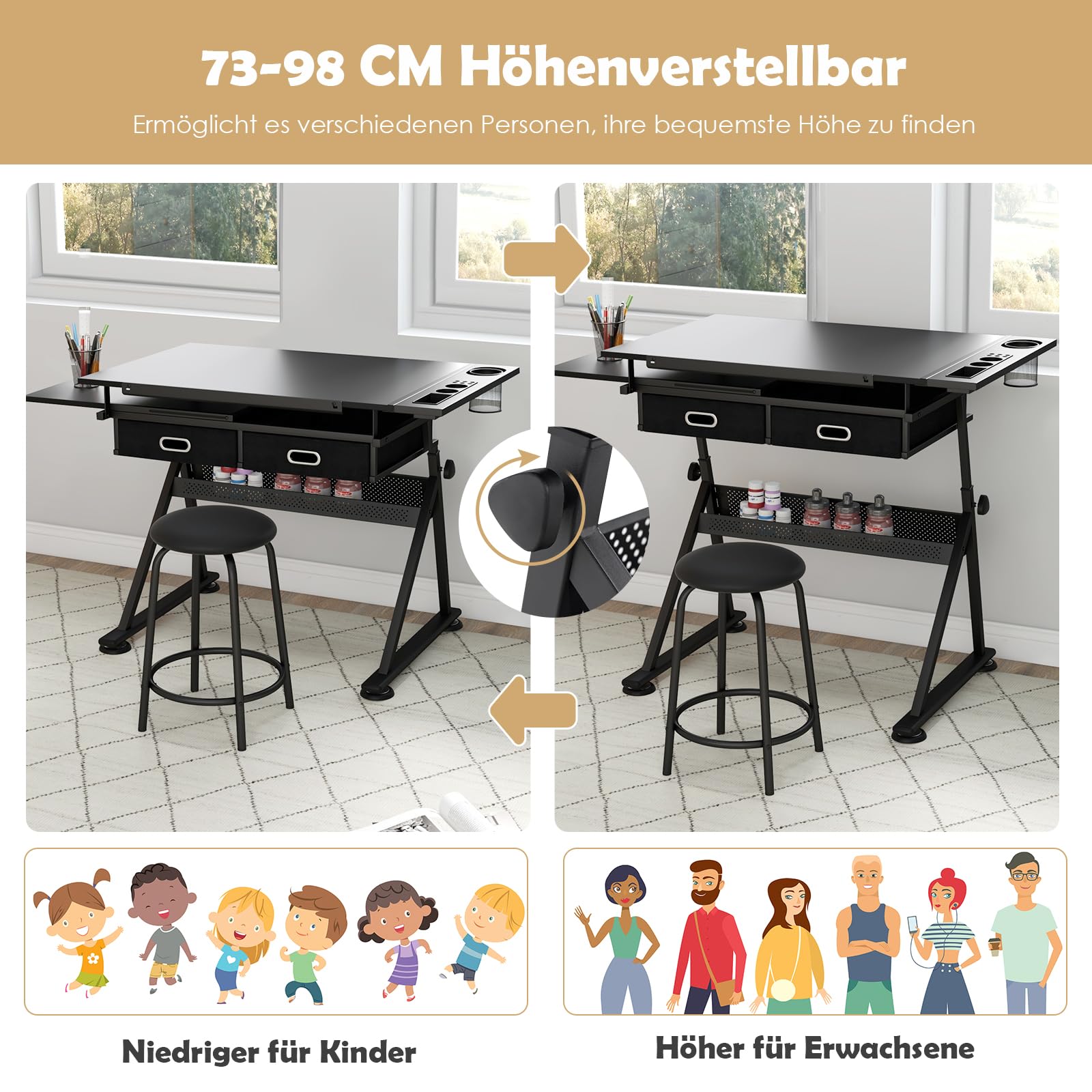GOPLUS Zeichentisch Höhenverstellbar, Schreibtisch Neigungsverstellbar, Architektentisch mit Hocker, Schülerschreibtisch Bürotisch (Schwarz)