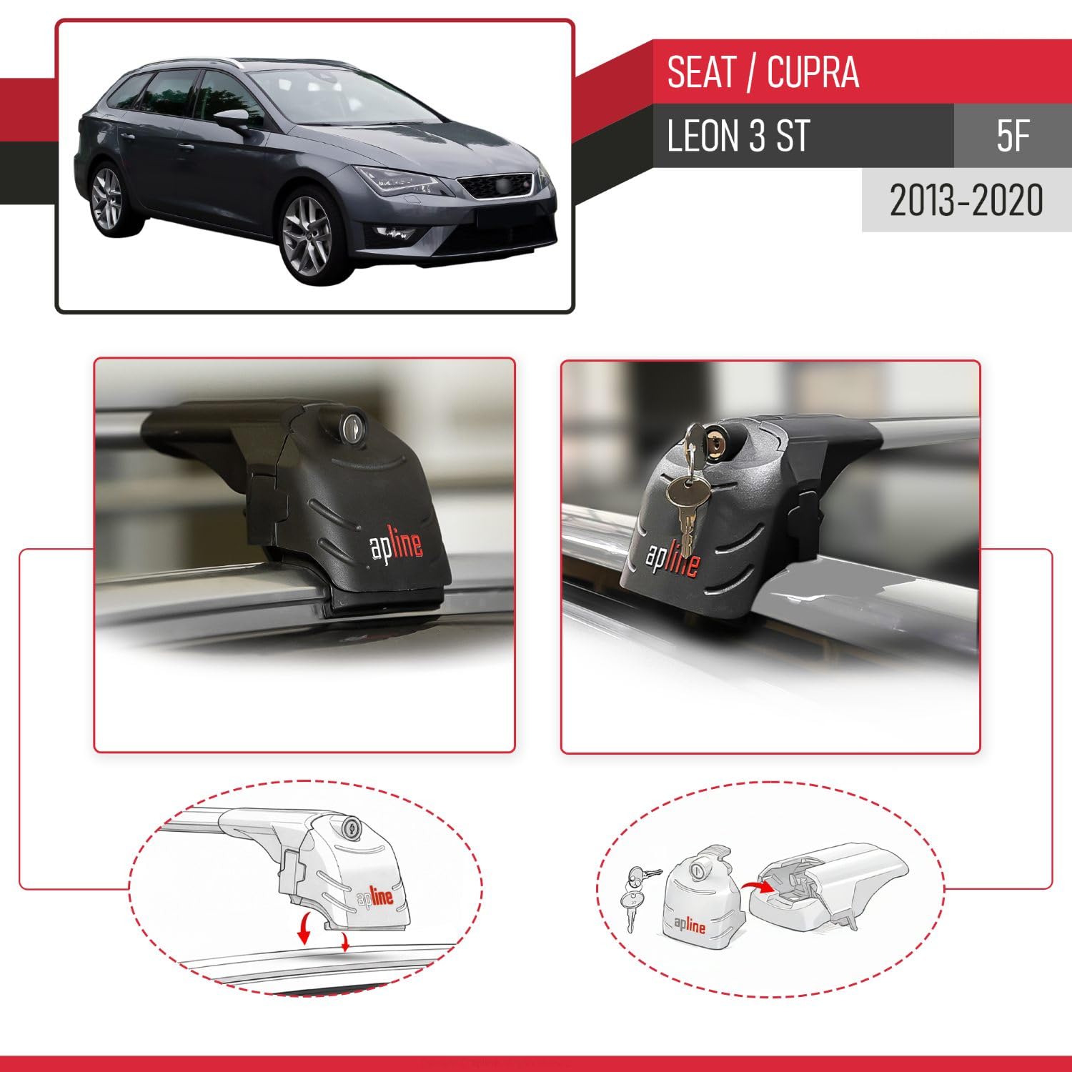 Compatible con Seat Leon 3 (5F) Cupra ST 2013-2020 Modelo Ace-2 Barra de Techo Auto Portaequipajes Barras Transversales Gris Aluminio 2 Barras