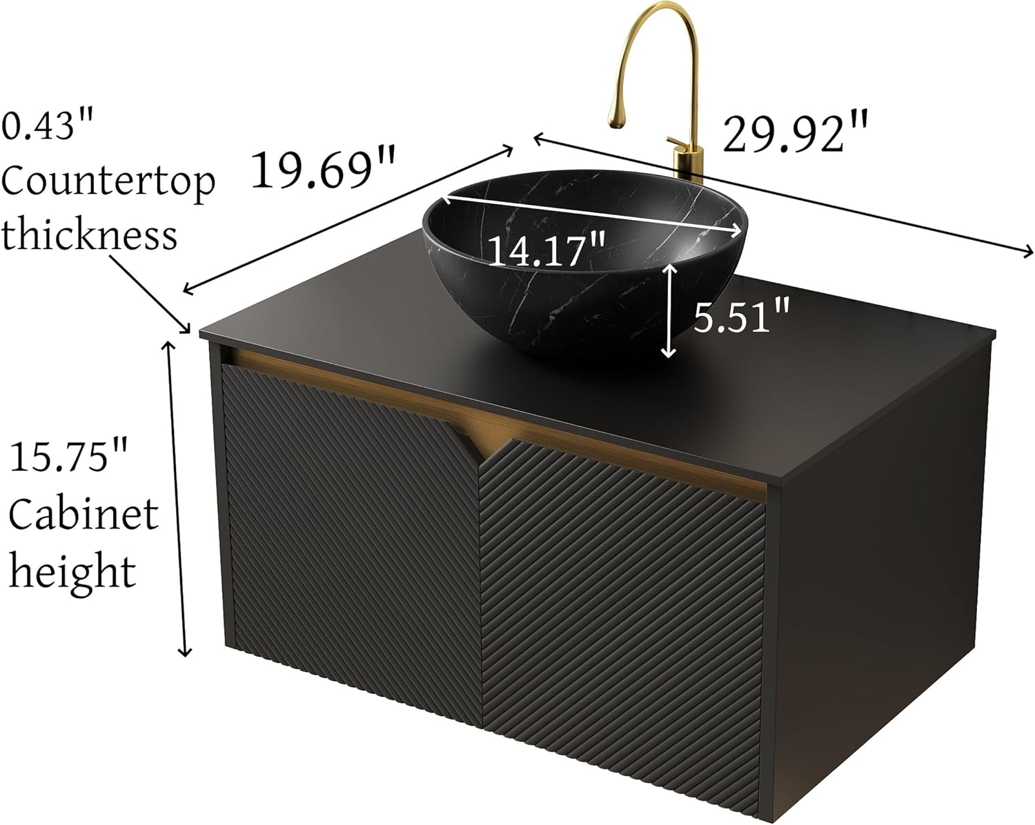 LKTART Floating 30 Inch Bathroom Vanity with Sink, Modern Wall Mounted Bathroom Storage Cabinet, Metal Stripes and 2 Doors, Black Bowl Ceramic Sink with Stone Pattern and Black Sintered Stone Top