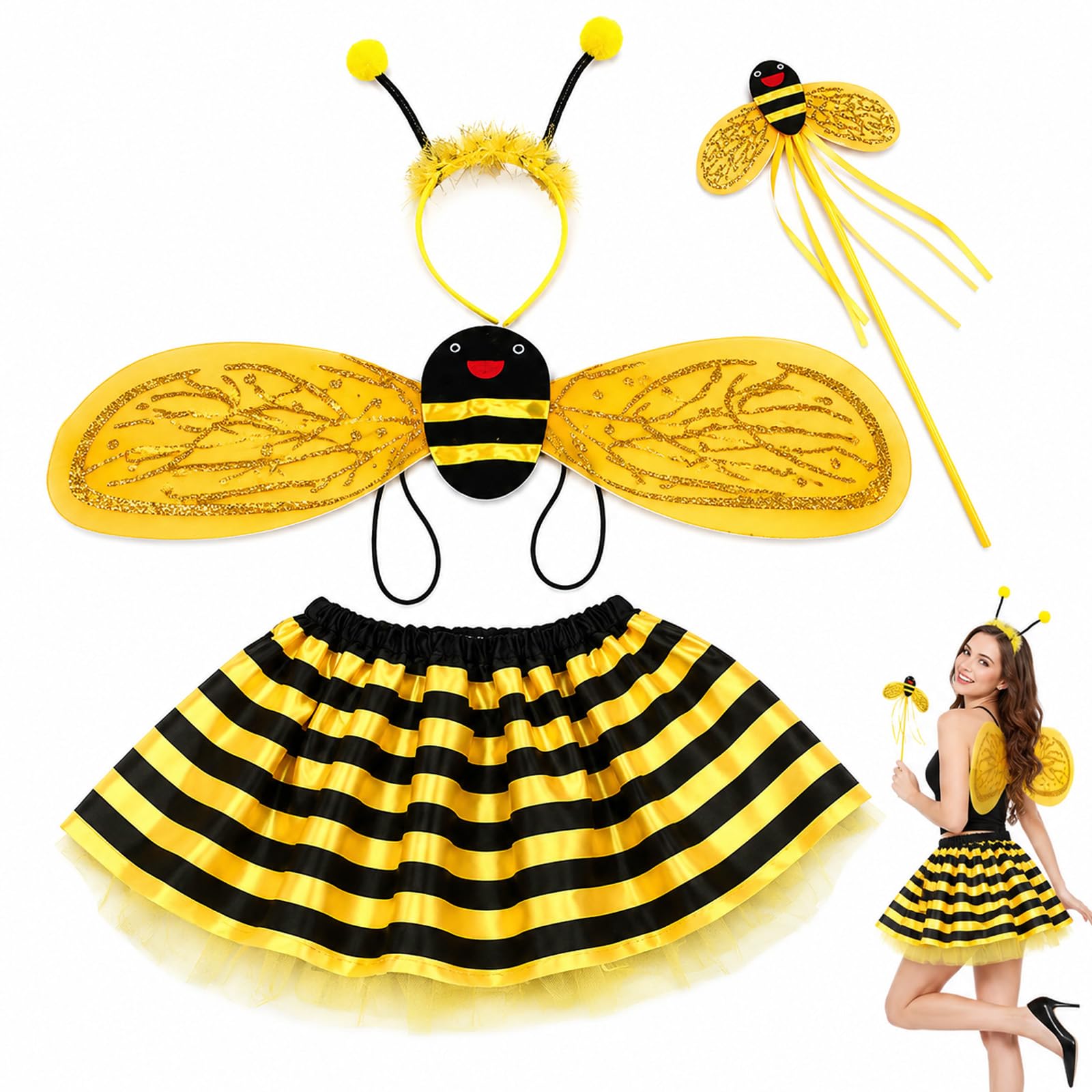 MAUDFEK 4 PCS Bee Costume, Bee Outfit, Complete and Charming, Ideal for Various Events like School Performances and Halloween, Yellow & Black
