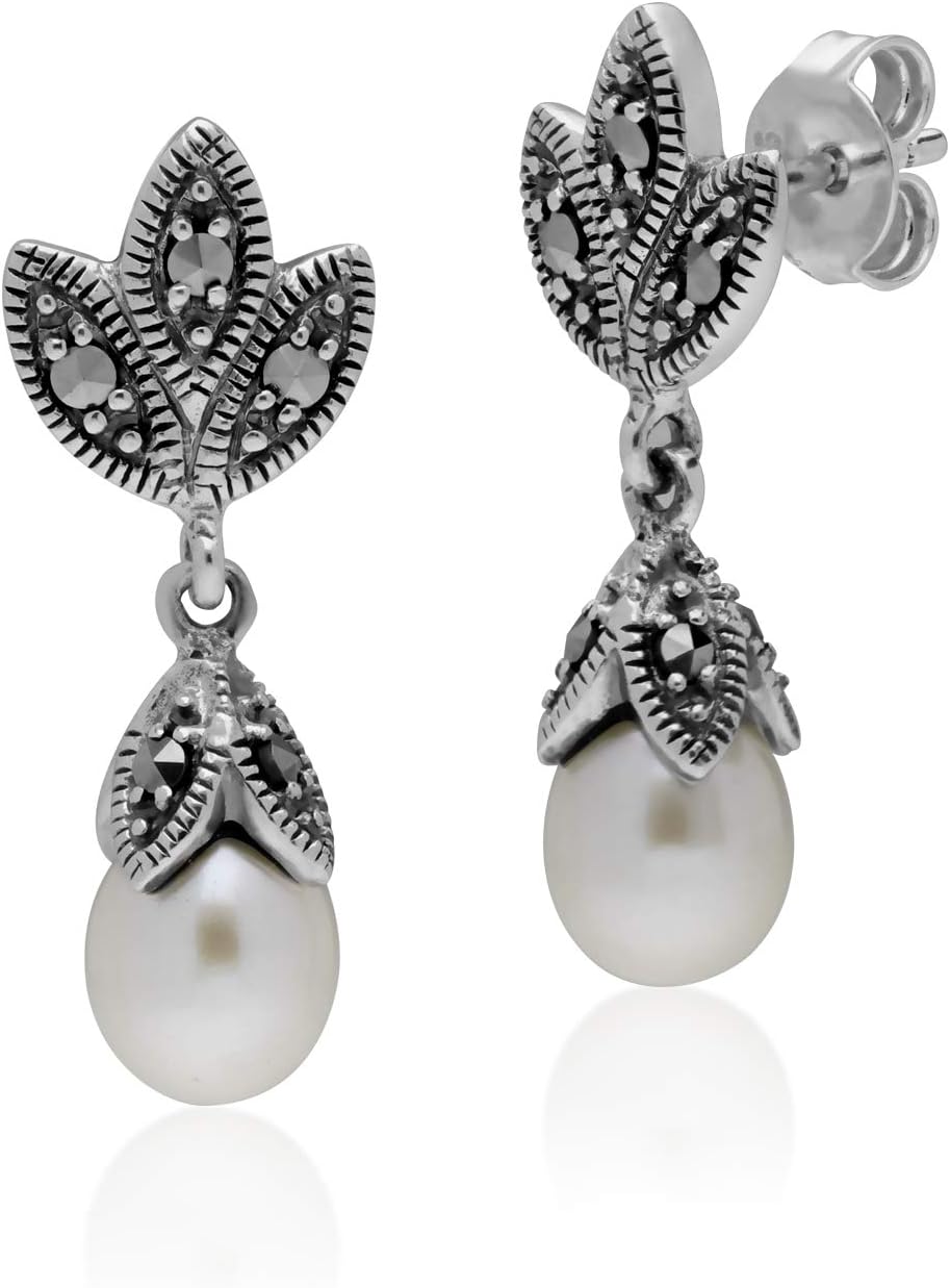 Gemondo USA 925 Sterling Silver Marcasite and Pearl Art Nouveau Classic Dangle Drop Earrings