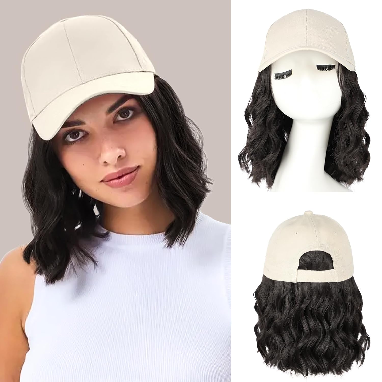 Hat Wigs for Women Baseball Cap With Hair Extensions Synthetic Short Wave Curly Hat with Hair Attached for Women Adjustable Hat Wig for Daily Use Brown Black
