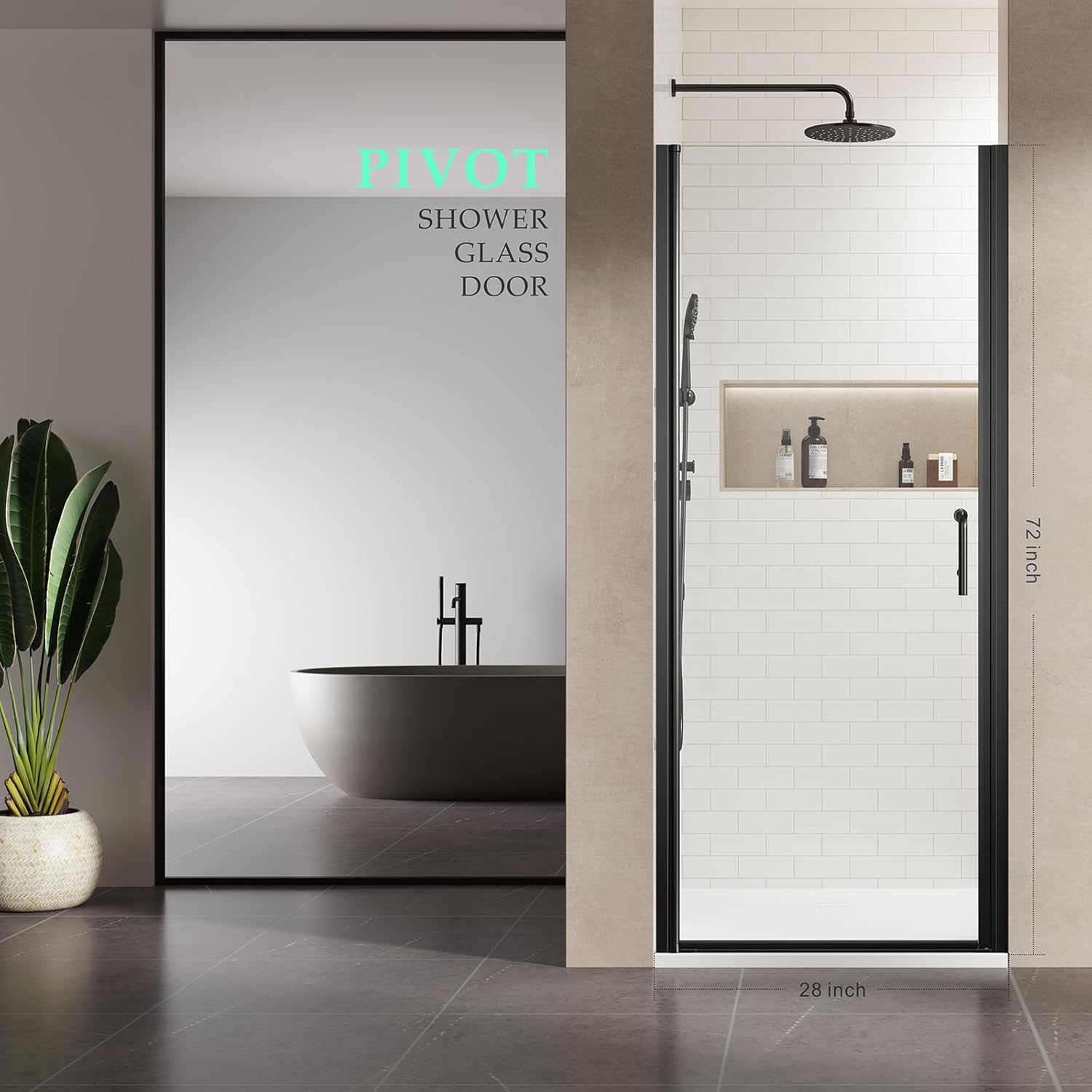 Pivot Swing 28'' Glass Shower Door 27.5-29"x72" Hinged Single Panel Door with SGCC 1/4" Clear Tempered Glass Reversible Matte Black Handle for Small Bathroom Spaces