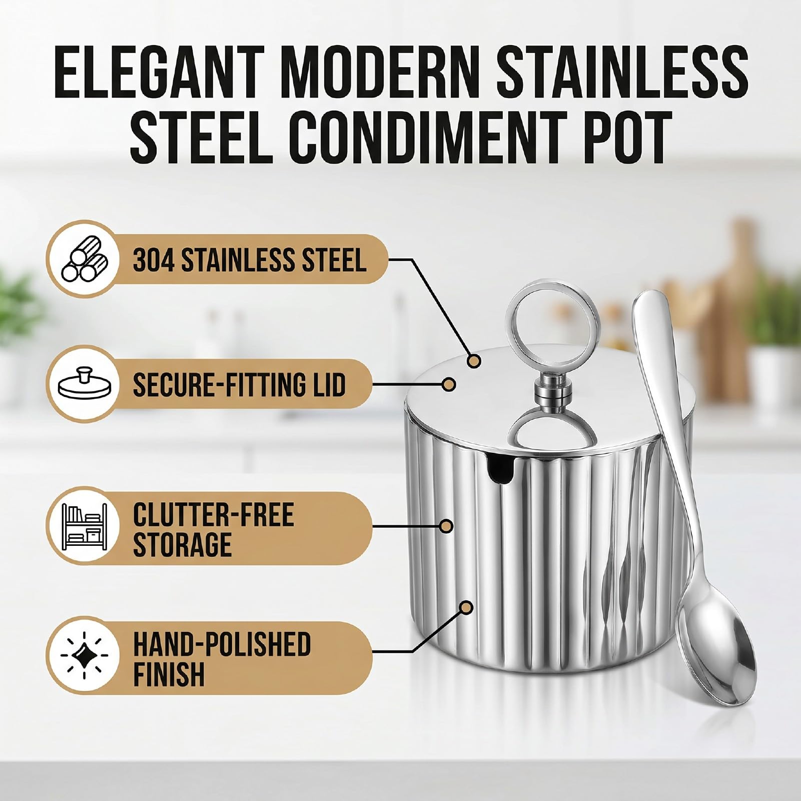 Cocoarm Azucarero de Acero Inoxidable Recipiente para Condimentos de Acero Inoxidable 304 con Tapa y Cuchara 10,5 X 7,5 Cm para Sal, Azúcar, Especias en el Hogar, Cocina, Cafetería, Hotel